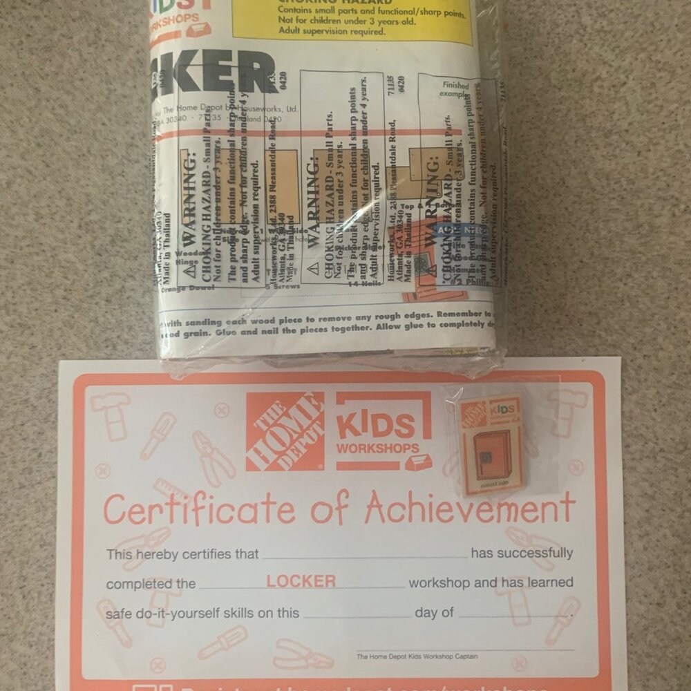The Home Depot Kid's Workshop Kit Locker, With Pin, Certificate, Instructions